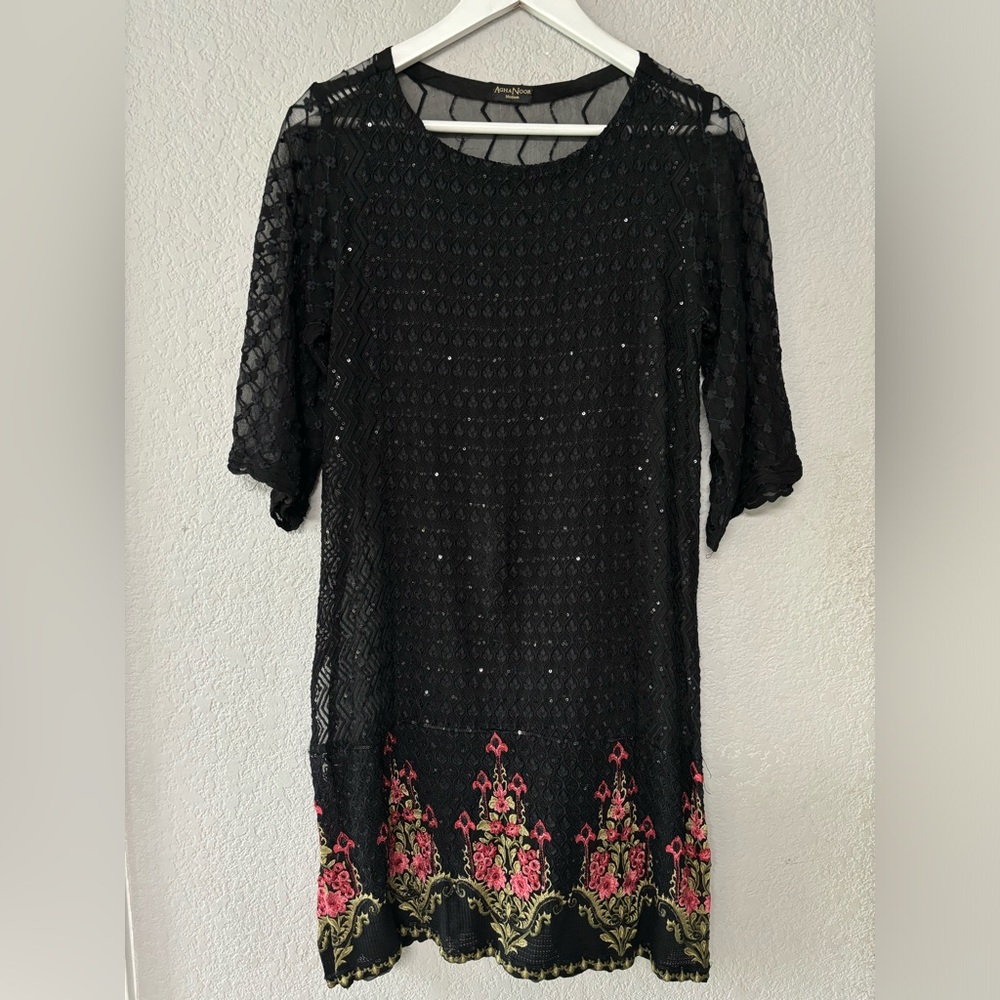 Agha Noor Pakistani‎ Black Sheer Sequin Floral Embroidered Dress Size M